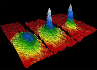Распределение плотности в бозе-эйнштейновском конденсате при различных температурах. Изображение с сайта colorado.edu